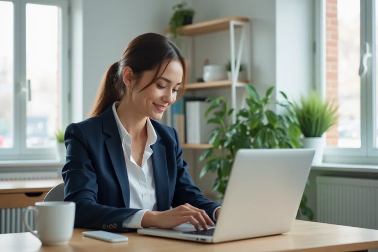 Femme entrepreneur analysant les performances de son business en ligne sur un ordinateur portable dans un bureau moderne