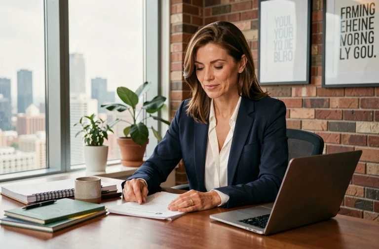 Femme entrepreneure confiante travaillant à son bureau dans un bureau moderne avec vue sur la ville, illustrant le parcours inspirant de Virginie Bustin