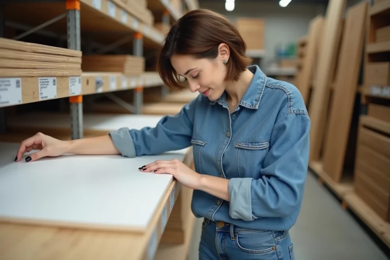 Femme en bleu examinant une planche de melamine blanche