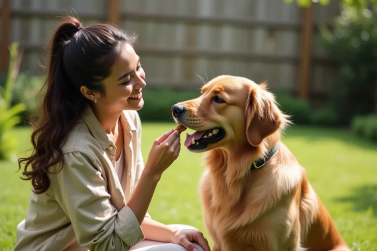 Femme souriante donnant une friandise à son golden retriever dans un jardin verdoyant
