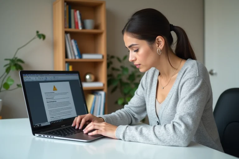 Femme utilisant Microsoft Word sur un ordinateur portable pour insérer un symbole d'attention dans un document