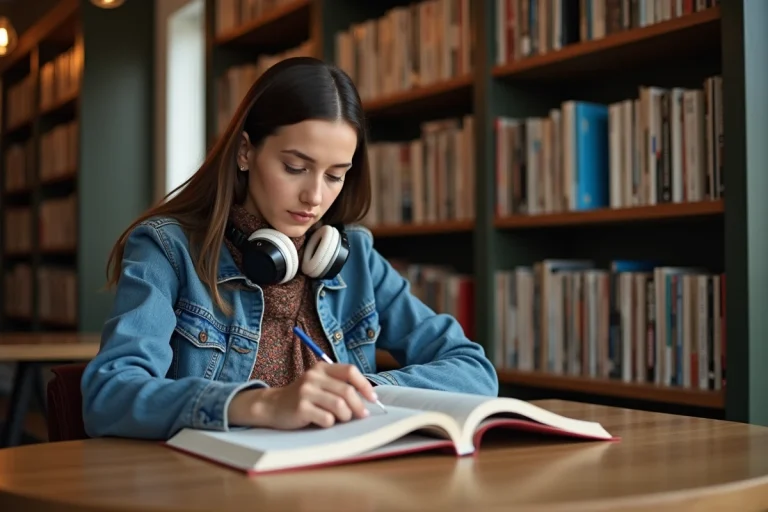 Femme lisant dans un café livres et vinyles