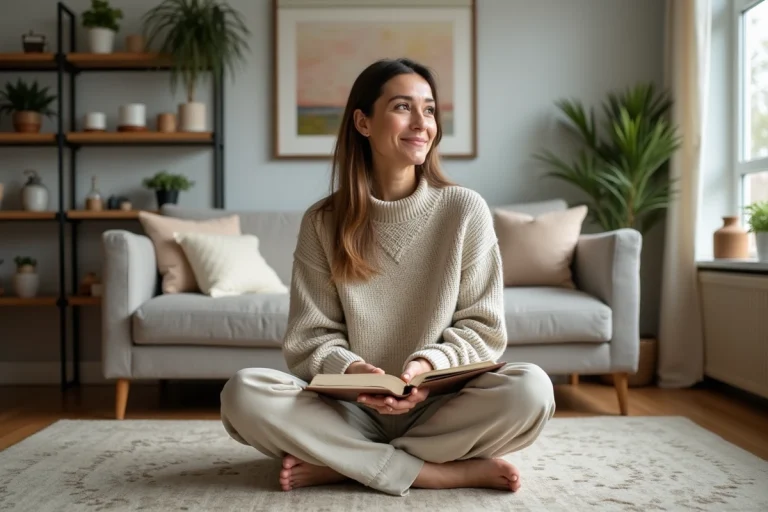 Femme lisant dans un salon chaleureux et cosy