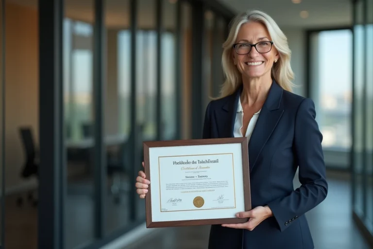 Femme d'âge moyen en costume navy tenant un certificat de médaille du travail