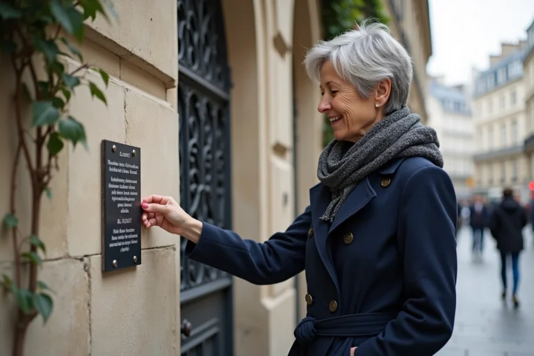 Femme souriante lisant une plaque historique à Paris