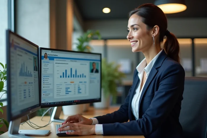 Femme professionnelle utilisant une plateforme B2B sur ordinateur dans un espace de travail moderne