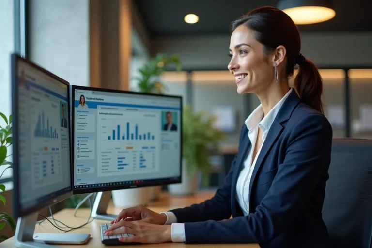 Femme professionnelle utilisant une plateforme B2B sur ordinateur dans un espace de travail moderne