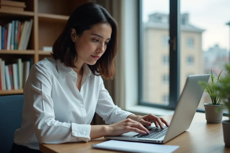 Femme active en reconversion professionnelle travaillant sur un cours en ligne depuis son bureau à domicile