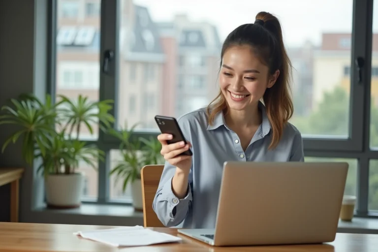 Jeune femme souriante vérifiant une notification bancaire