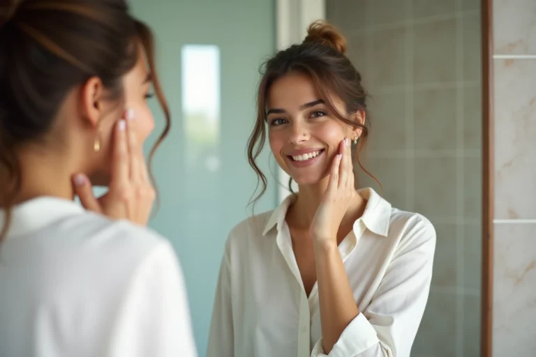 Femme souriante regardant son reflet dans la salle de bain