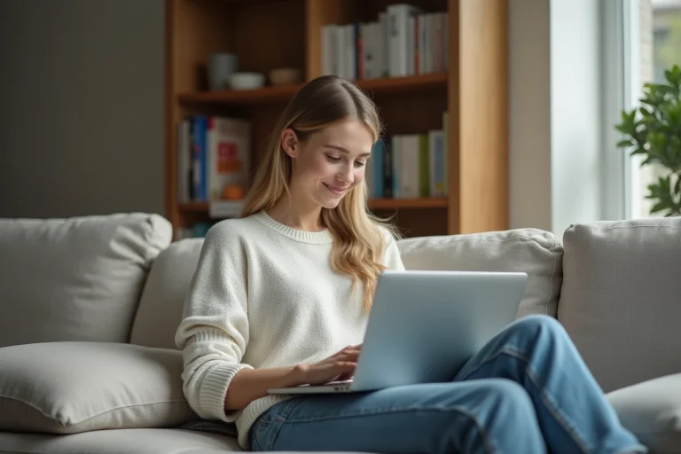 Jeune femme regardant streaming sur son ordinateur dans un salon