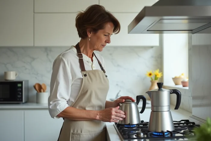 Femme surveillant attentivement une cafetière moka sur une plaque électrique dans une cuisine moderne blanche