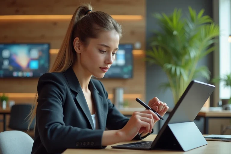 Jeune femme utilisant une tablette pliable dans un espace de coworking