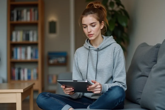 Femme téléchargeant et lisant une revue technique automobile gratuite en PDF sur une tablette à domicile