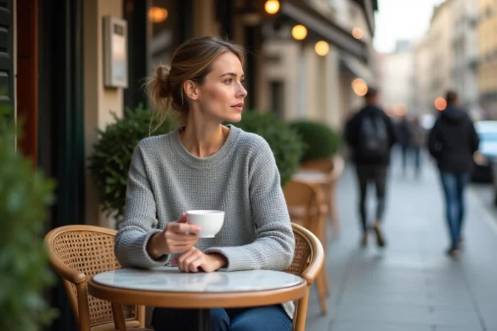Mulher serena sentada em uma varanda de café francês, personificando uma vida discreta e autêntica longe da fama