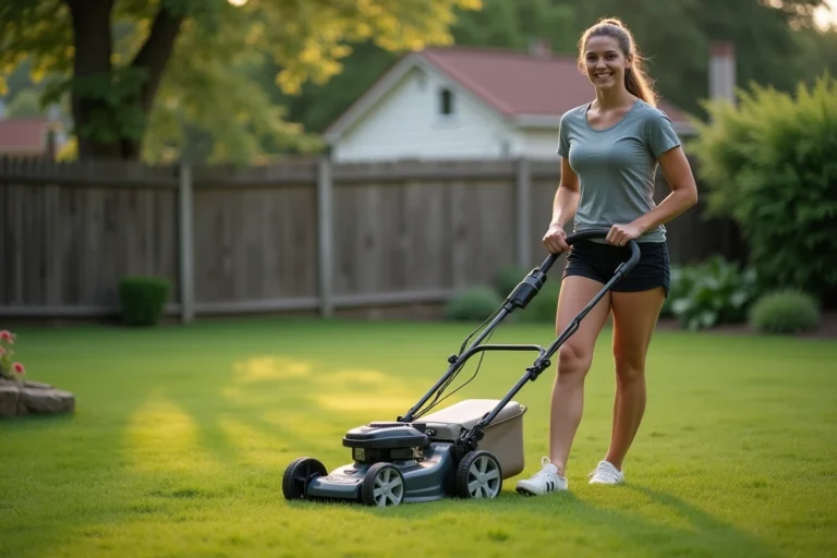 Femme souriante tondant la pelouse dans son jardin