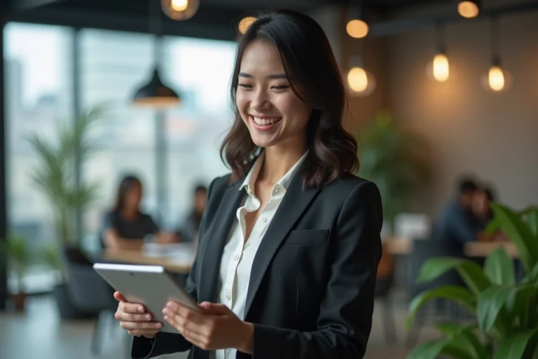 Jeune femme souriante avec tablette dans espace coworking