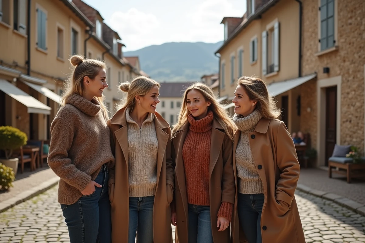 Femmes françaises discutant dans une place de village rural