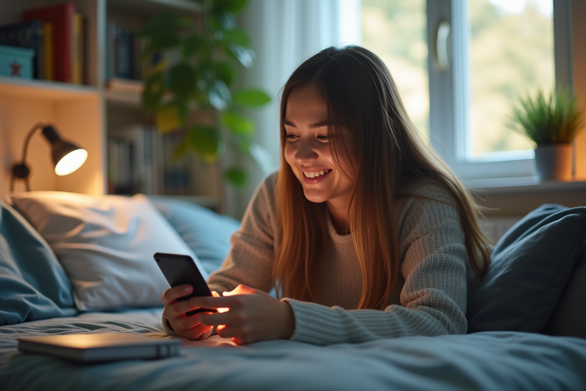 Jeune femme souriante utilisant un smartphone dans sa chambre