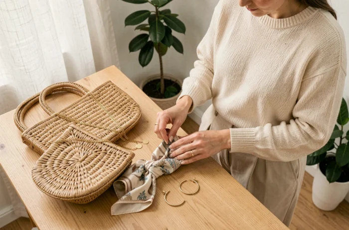Femme styliste arrangeant un flat lay d'accessoires de mode tendance sur une surface en bois clair