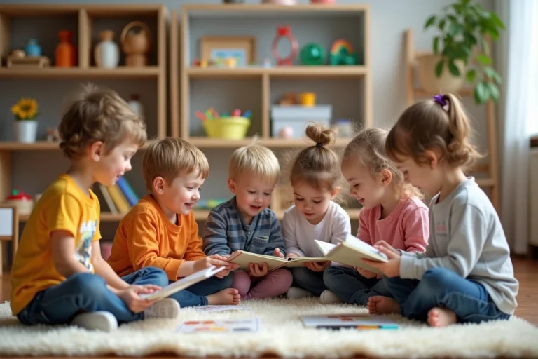 Enfants curieux avec livres éducatifs dans une salle de jeux