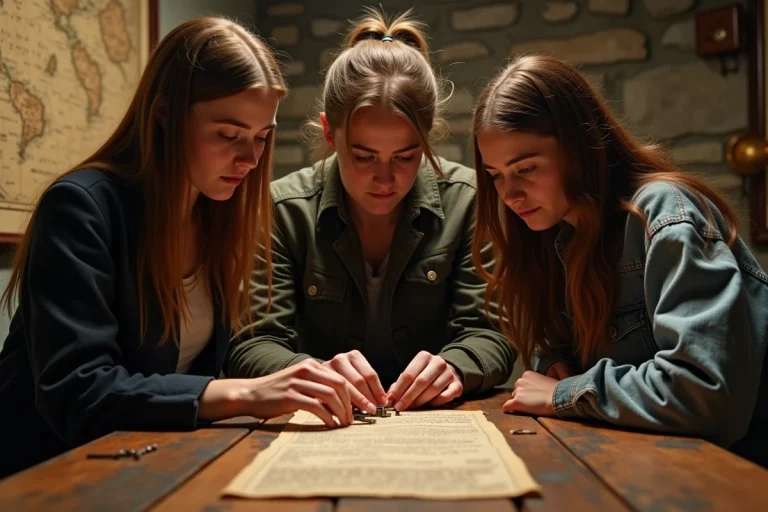 Groupe de jeunes adultes résolvant un puzzle dans une escape room mystérieuse