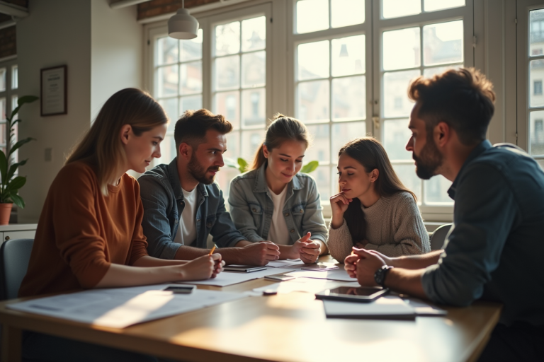 Groupe de jeunes professionnels collaborant dans un espace de coworking lumineux