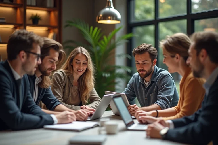 Groupe diversifié en réunion de formation en bureau moderne