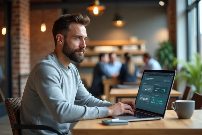 Homme d'affaires utilisant une plateforme B2B sur laptop dans un espace de travail informel en entreprise