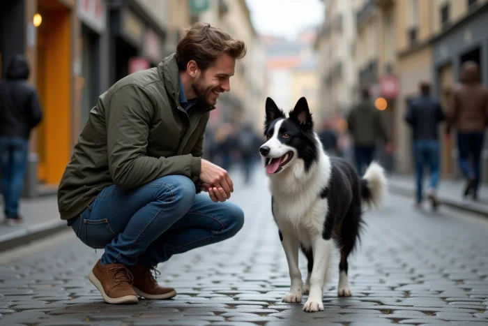 Jeune homme accroupi jouant avec son border collie dans une rue pavée en ville