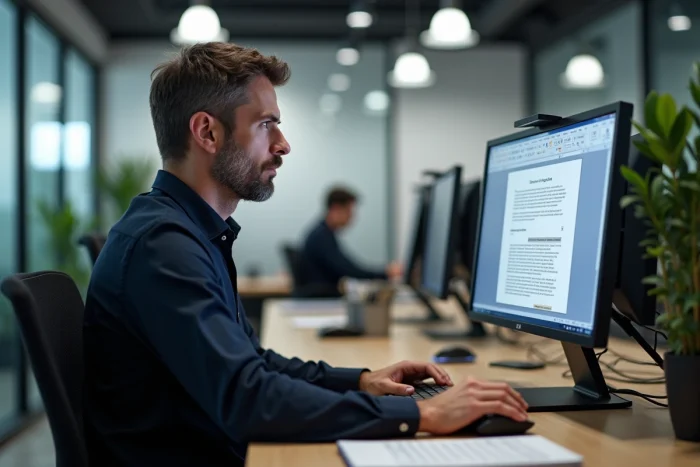 Homme en bureau moderne insérant un symbole d'alerte dans un document Word via la boîte de dialogue des caractères spéciaux