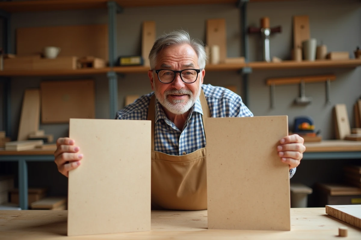 Homme comparant des panneaux de particules et melamine dans un atelier