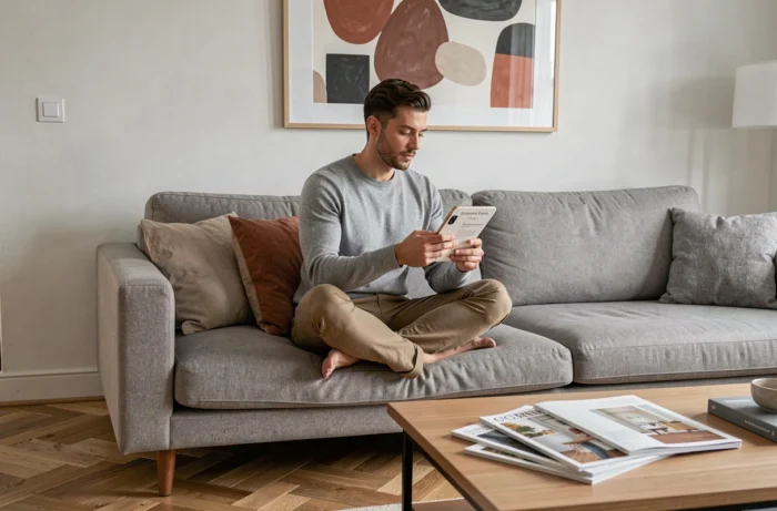 Homme consultant la page de contact d'un blog décoration intérieure sur son smartphone dans un salon moderne
