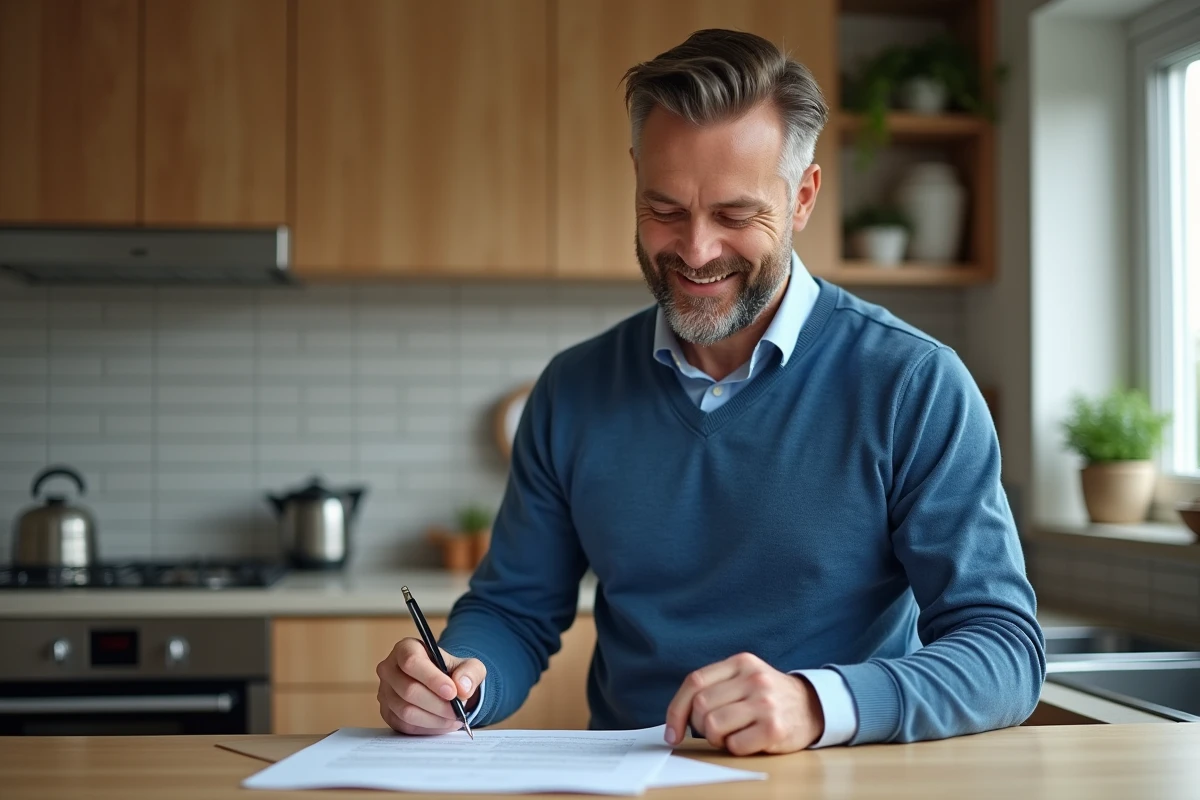 Homme vérifiant un contrat dans une cuisine chaleureuse
