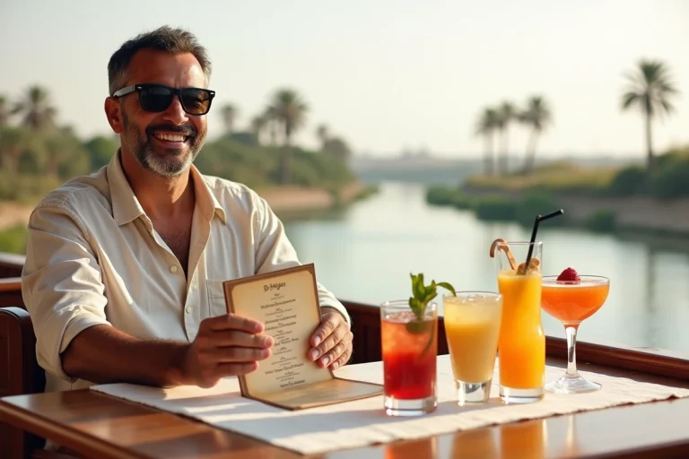 Homme égyptien souriant avec menu et cocktails sur un bateau Nile