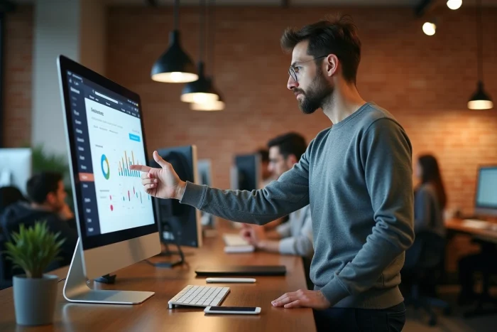 Homme en télétravail gérant sa stratégie de commerce en ligne dans un espace de coworking