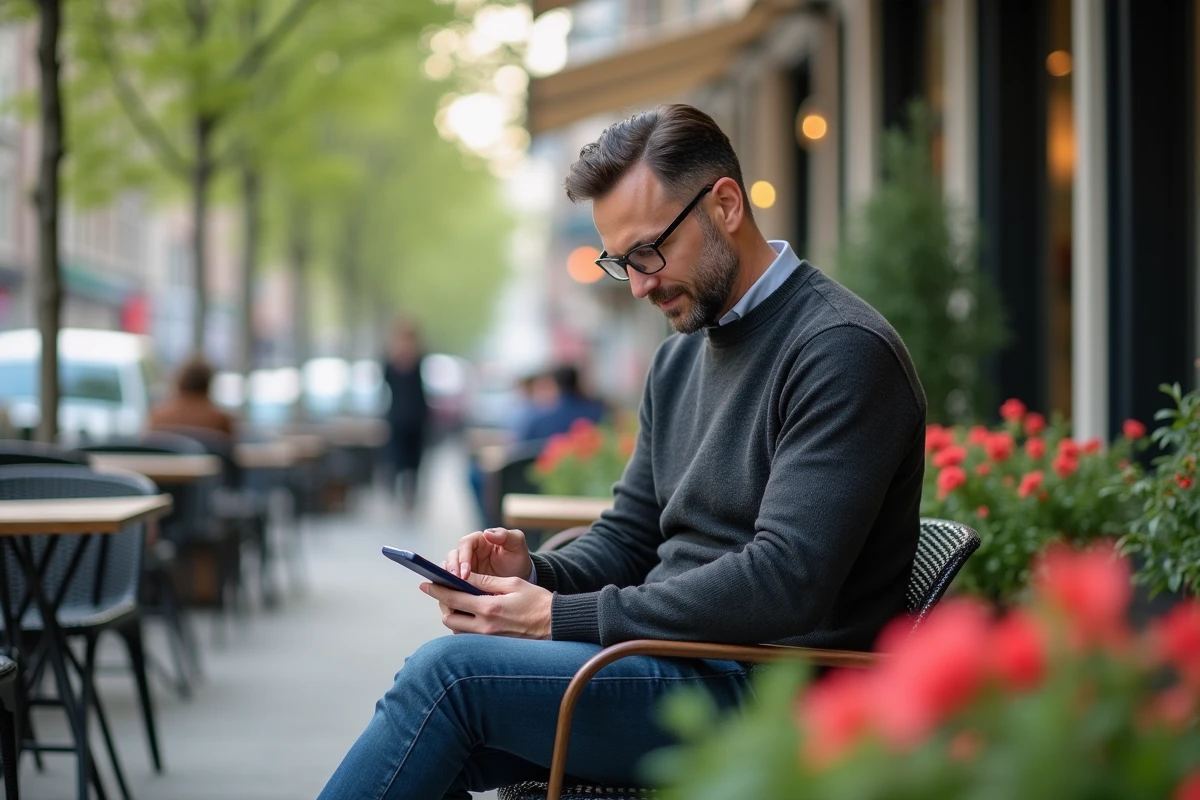 Homme lisant actualités sur smartphone en terrasse urbaine