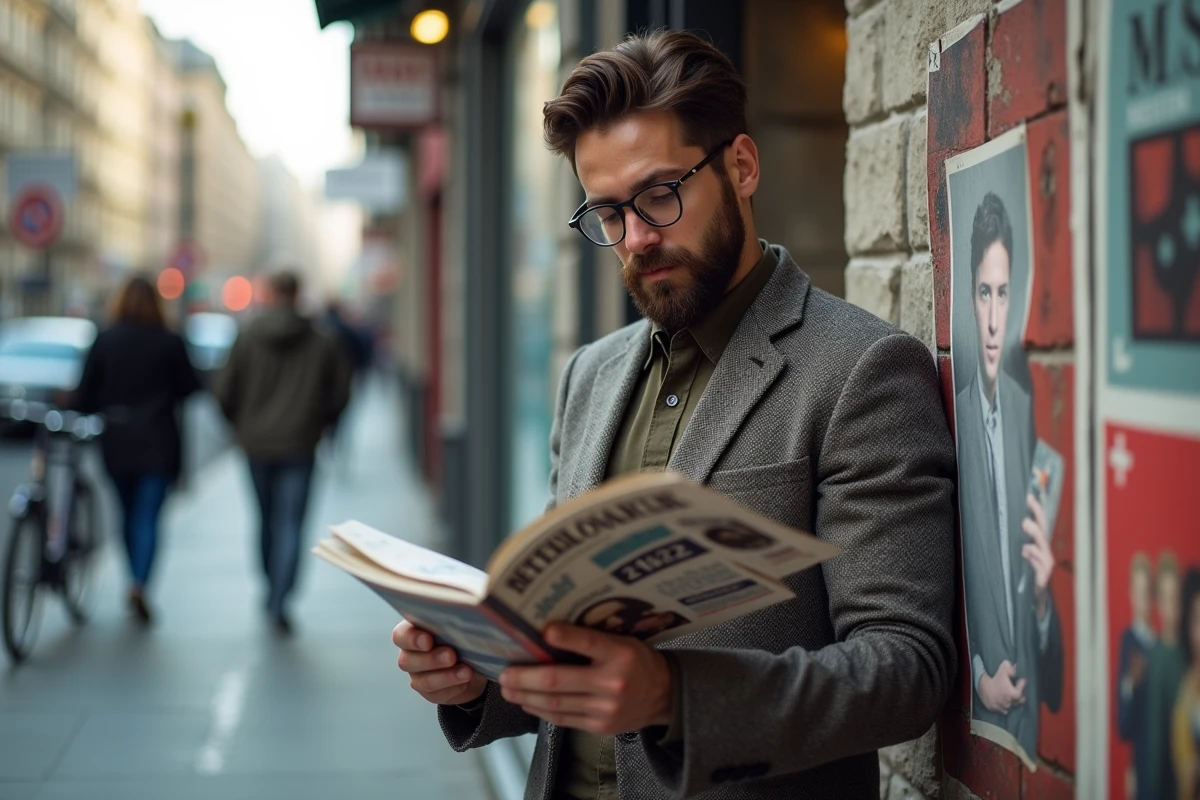 Homme regardant magazine dans une rue urbaine