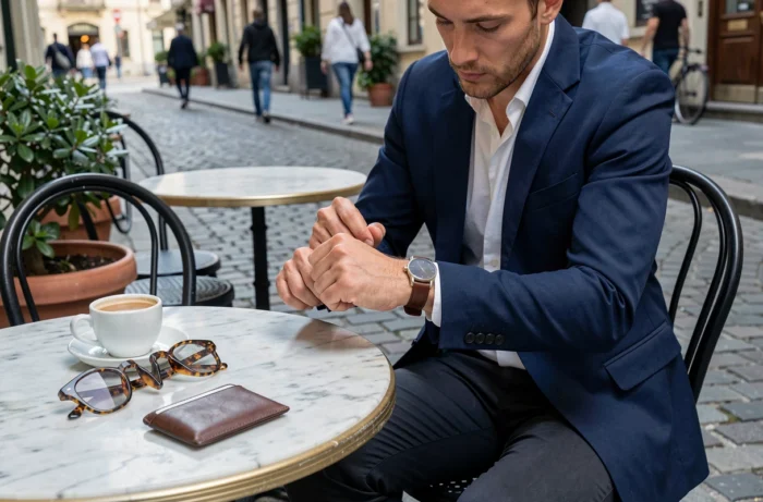 Homme élégant ajustant sa montre en cuir avec des accessoires tendance posés sur une table de café