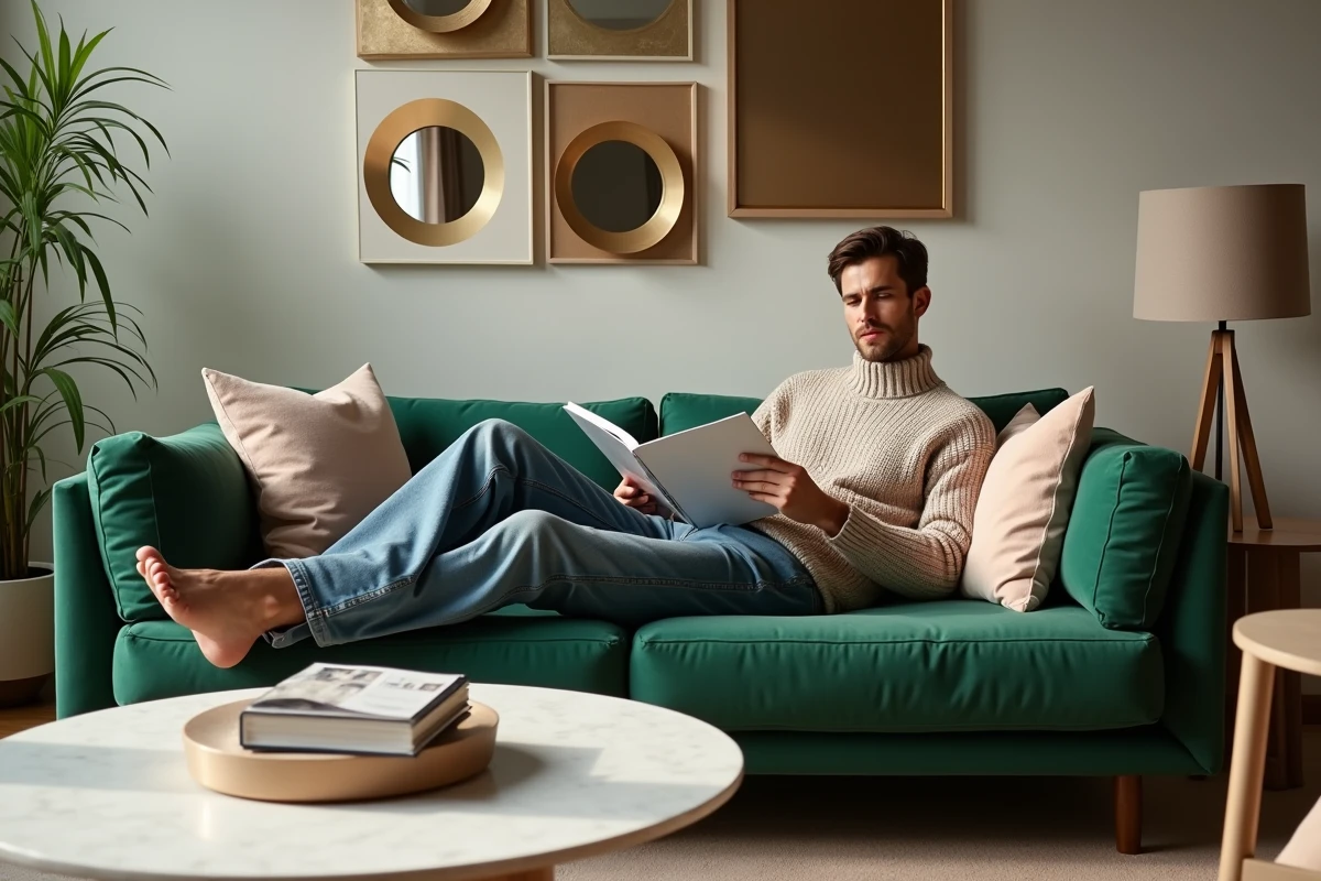 Jeune homme détendu dans un salon loft lumineux