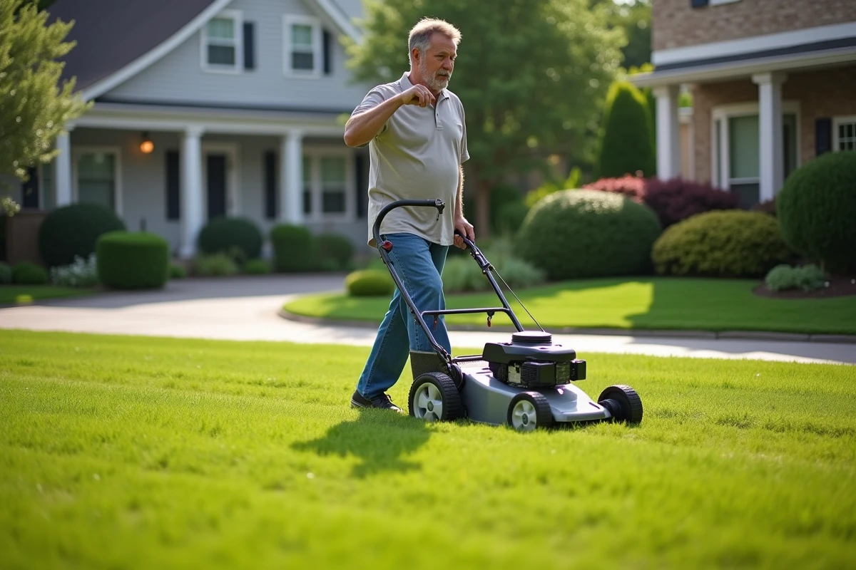 Homme en weekend taillant la pelouse avec un coupe-herbe