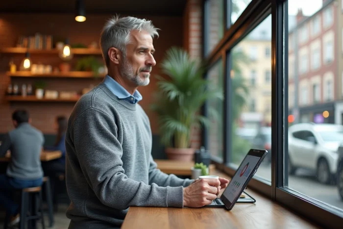Homme en transition de carrière consultant un tableau de bord de planification professionnelle dans un café urbain