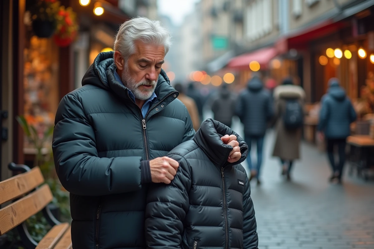 Homme compare deux vestes puffer en plein air