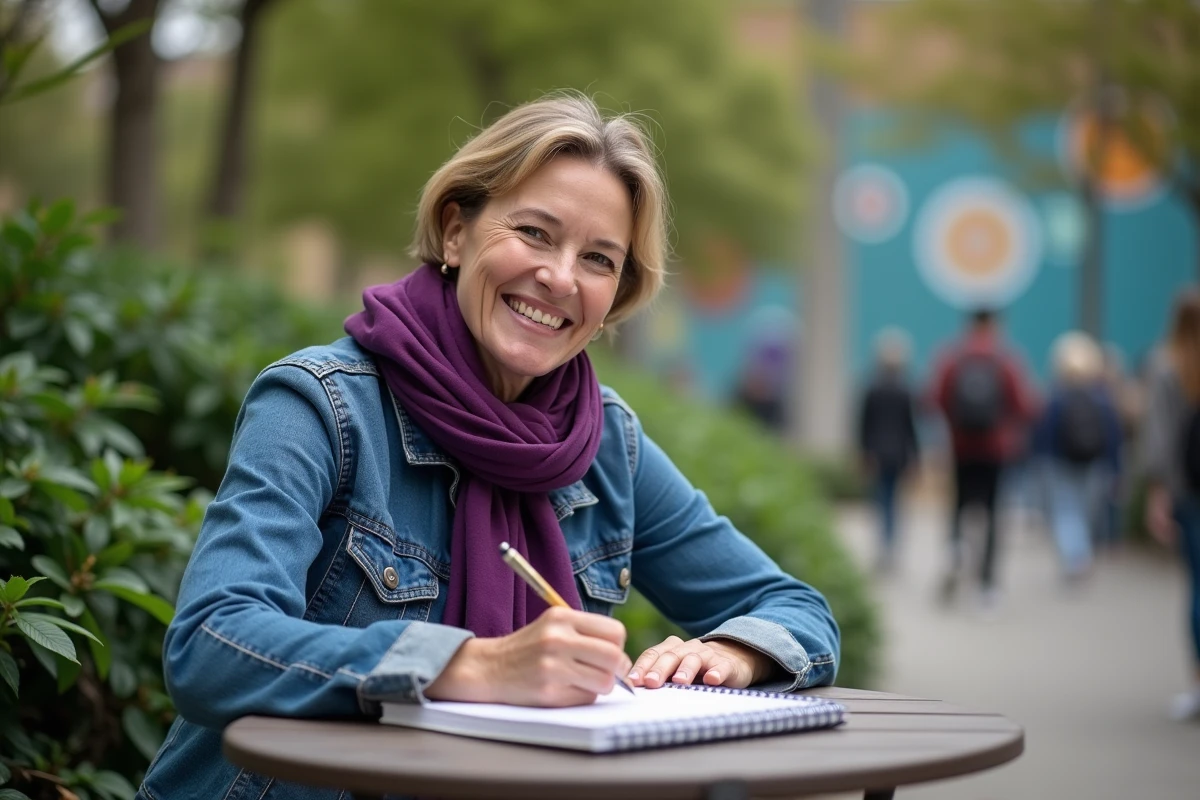 Jeune femme artiste dessinant en plein air dans un parc