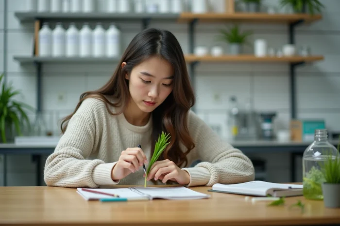 Jeune étudiante en biologie examinant une plante verte