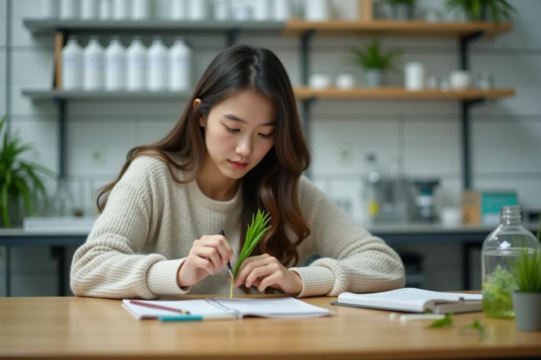 Jeune étudiante en biologie examinant une plante verte