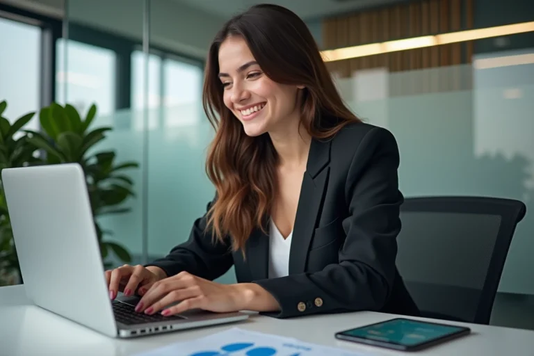 Jeune femme professionnelle en bureau moderne avec ordinateur et smartphone