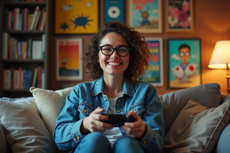 Jeune femme jouant à une console dans un salon cosy