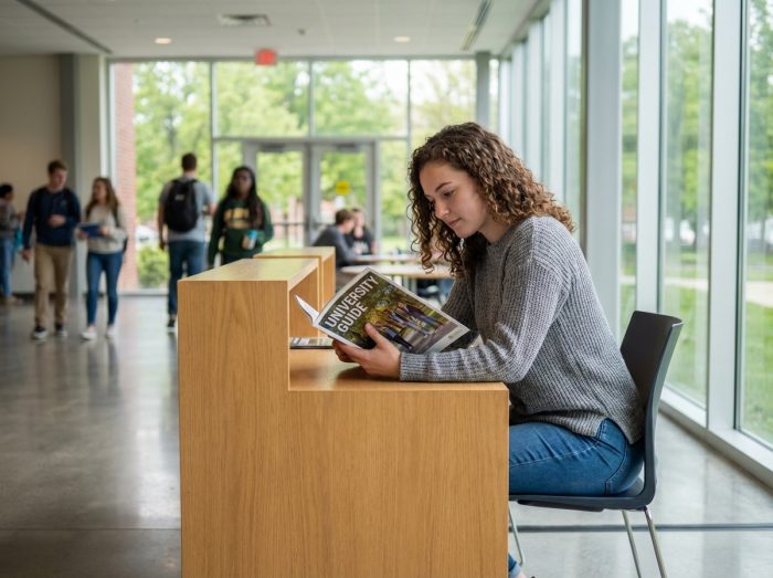 Jeune femme lisant une brochure à un bureau d'information