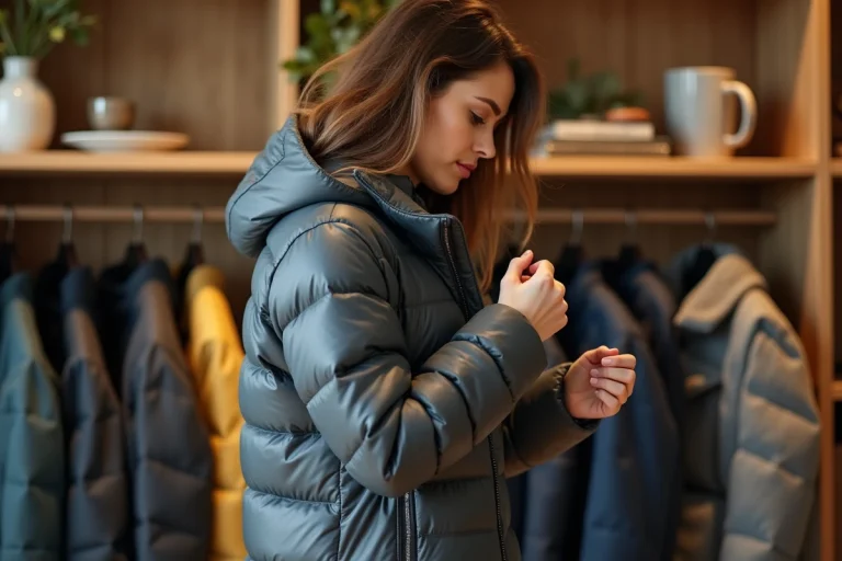 Jeune femme examine les détails d'une veste puffer